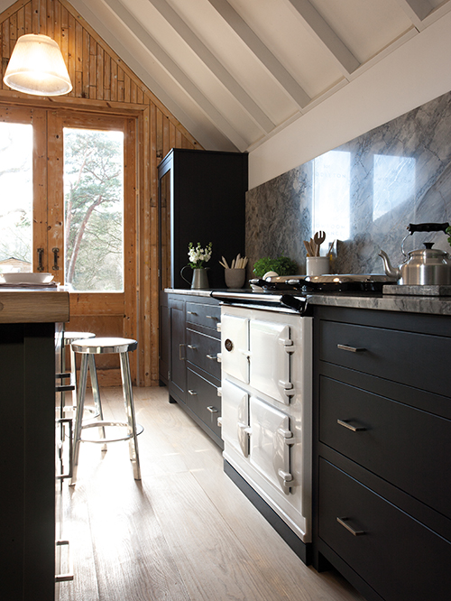 AGA Dual Control in White surrounded by black cabinetry 