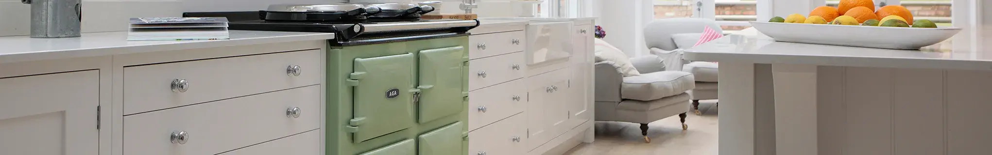 AGA 7 Series in Olivine with white cabinetry 