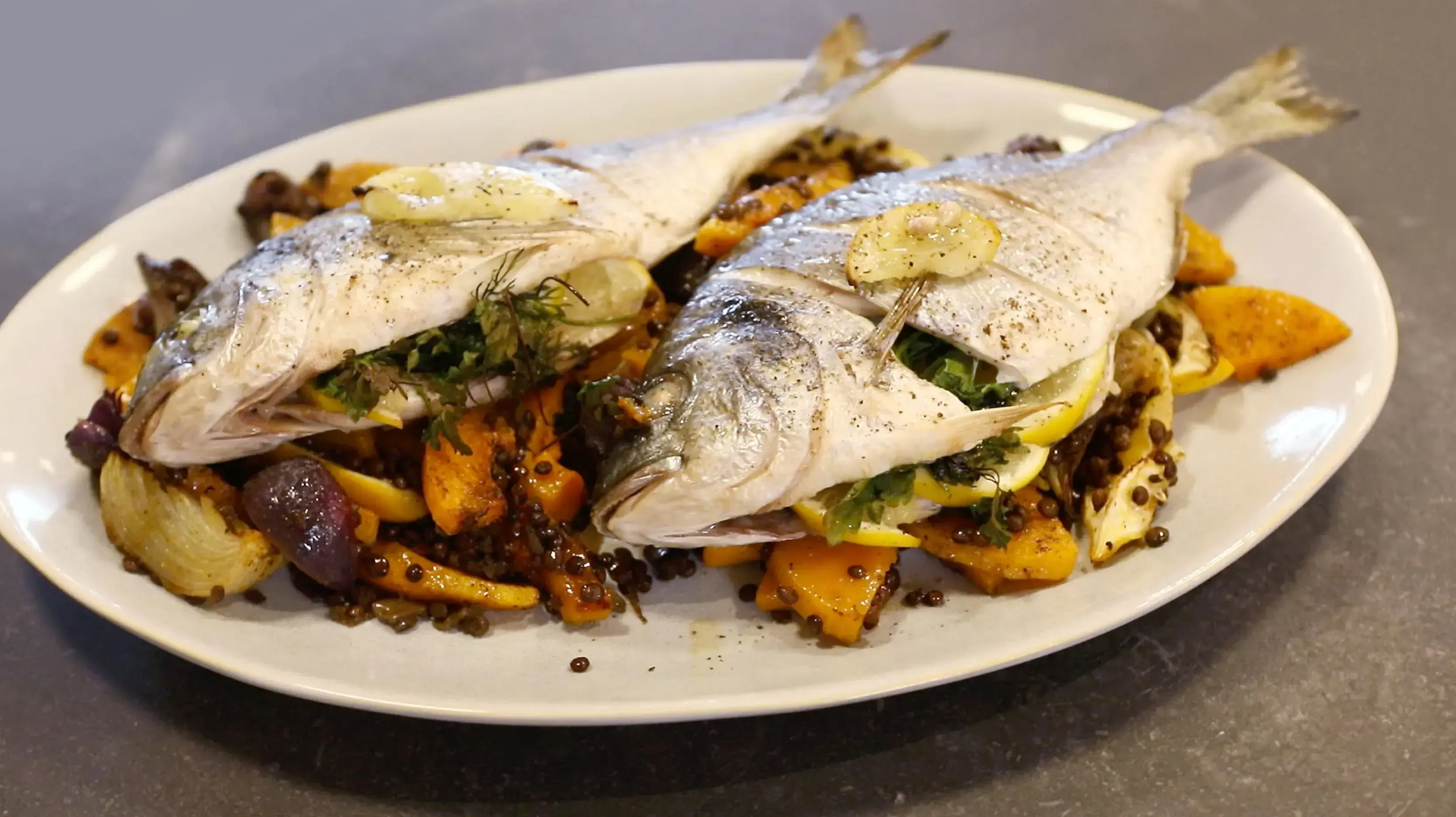 Baked Sea Bream with Roasted Vegetables and Puy Lentils 