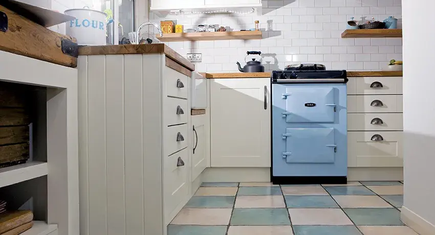AGA 60 in duck egg blue in kitchen with white cabinetry 