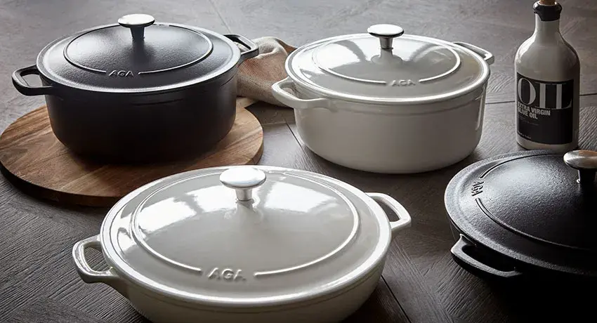 AGA cast-iron casserole dishes in black and white 