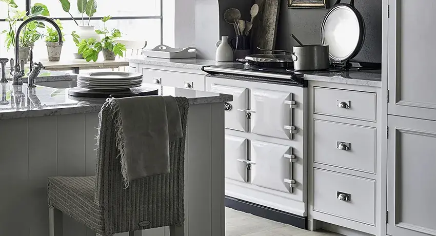 AGA cooker in White in a large Neptune Chichester Kitchen