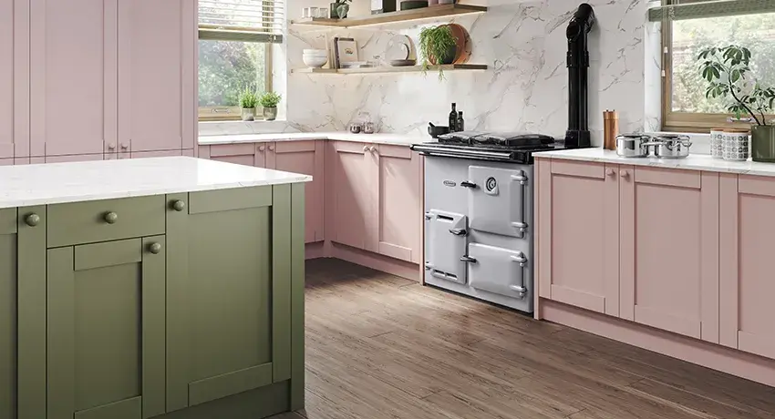 Rayburn 308 Series in Pearl Ashes with blush shaker style cabinetry 