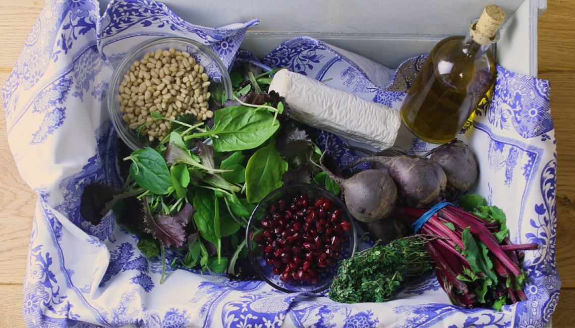 Fresh ingredients for a goat's cheese and beetroot salad