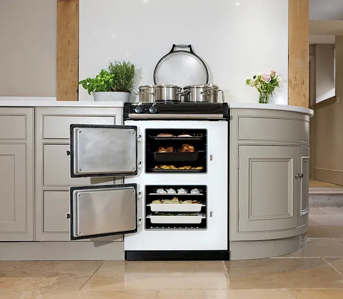 AGA Mini in White with open oven doors 