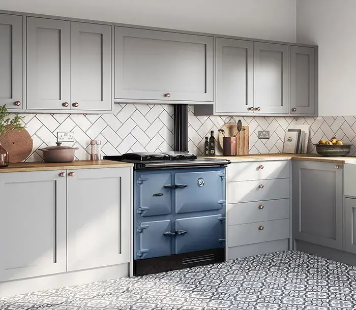 Rayburn Heatranger in Dartmouth Blue in shaker-style kitchen