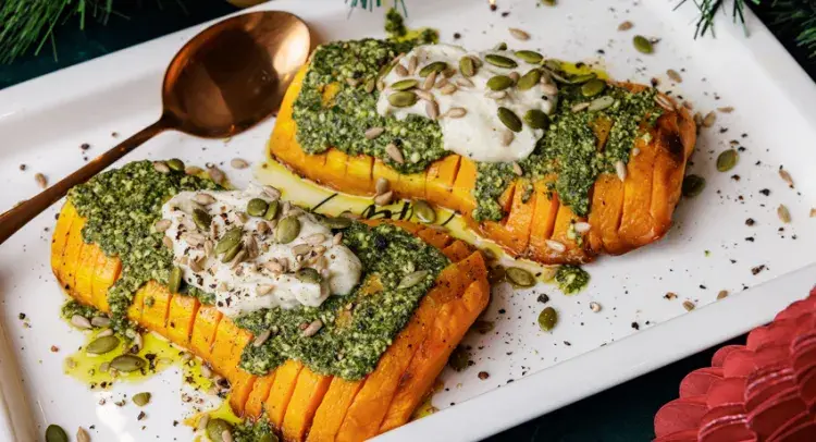 Hasselback Squash with Pesto and Cauliflower Puree