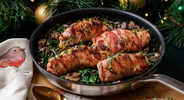 Stuﬀed Pheasant Breasts with Mushrooms and Puy Lentils  
