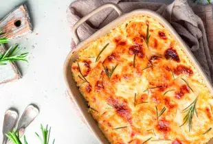 Salmon, Leek and Crushed Potato Gratin Served in dish
