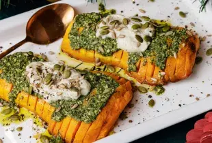 Hasselback Squash with Pesto and Cauliflower Puree
